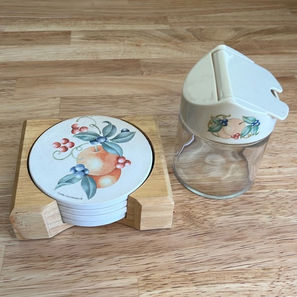 Corelle (Abundance) coasters in wood holder w/Gemco matching glass sugar bowl - Picture 2 of 16